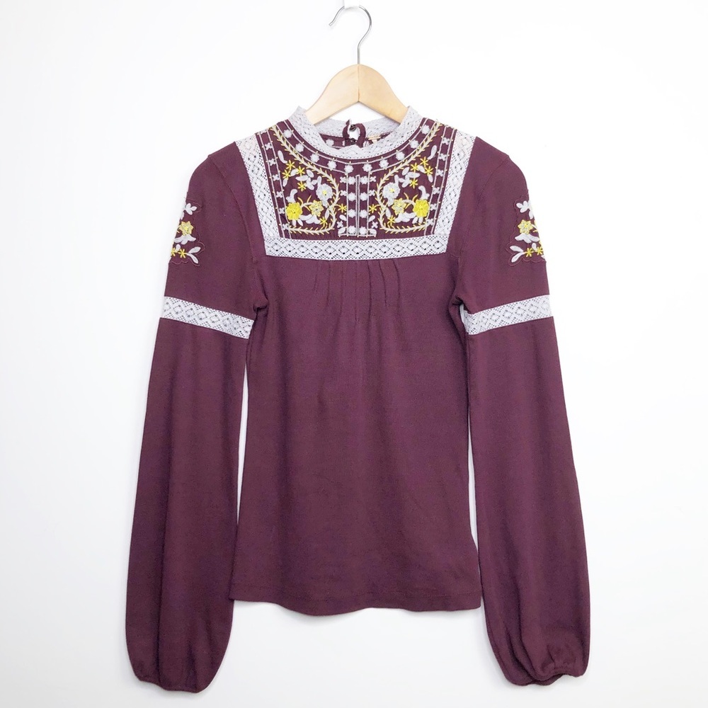 FREE People burgundy embroidered BoHo blouse - Picture 2 of 12